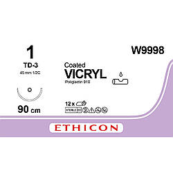 Вікрил (VICRYL) 1 колюча тупокінцева Ethiguard 45мм, 1/2 кола, фіолетовий 90см, 1шт.