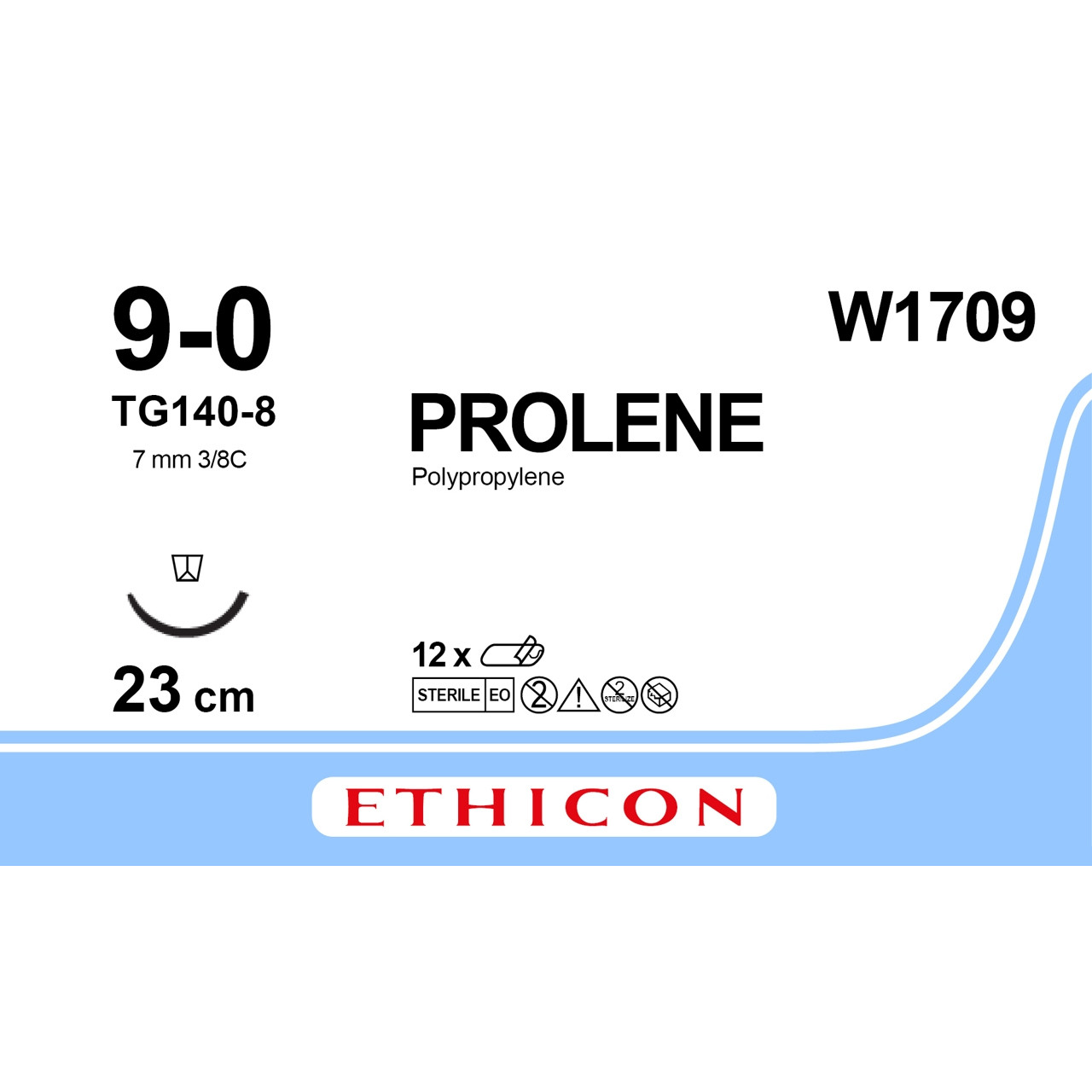 Пролен (Prolene) 9-0 шпательна Micro-Point 6,5 мм, 3/8кола, блакитний 23см, 1шт.
