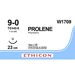 Пролен (Prolene) 9-0 шпательна Micro-Point 6,5 мм, 3/8кола, блакитний 23см, 1шт.