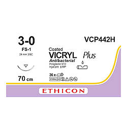 Вікрил Плюс (VICRYL Plus) Антибактеріальний 3-0, звор-ріж. прайм косметична 24мм, 3/8 кола, незабарвлений, 45см, 1шт.