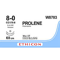 Пролен (Prolene) 8-0 колюча CC голка 2*9.3мм, 3/8 кола, блакитний 60см, 1шт.