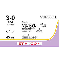 Вікрил Плюс (VICRYL Plus) Антибактеріальний 3-0, звор.-ріж. 24мм, 3/8 кола, фіолетовий,70см, 1шт.