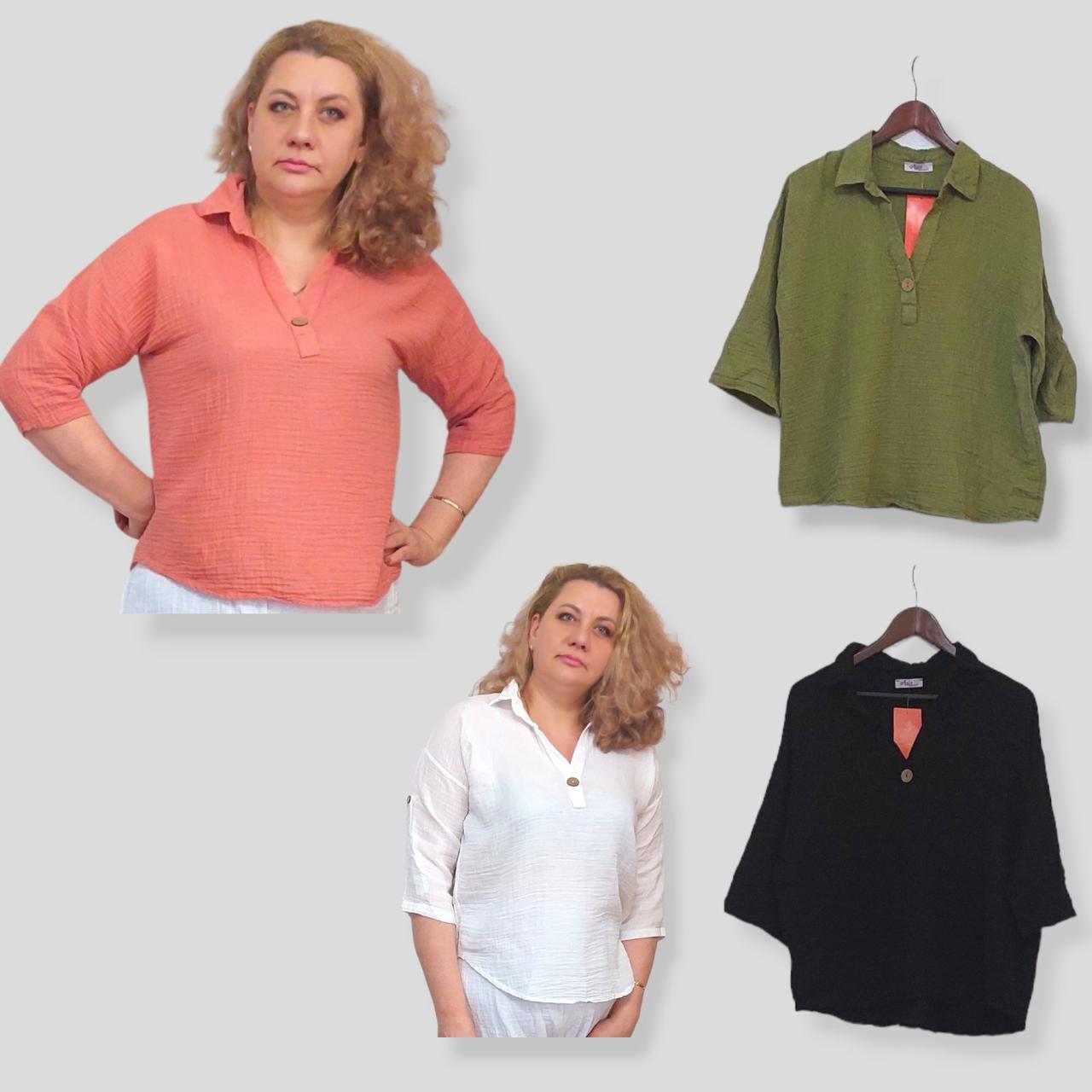 Жіноча блуза сорочка з мусліну, р 50-56, 100% Бавовна ТМ TurkOtantik пр-во Туреччина біла, зелена, крем, чорна
