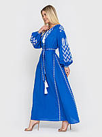 Довге синє лляне плаття з вишивкою "Геометричний гладь"