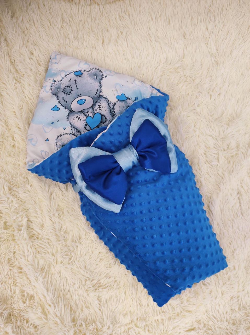 Демісезонний плюшевий конверт з принтом "Ведмедик" для новонароджених, синій, фото 1