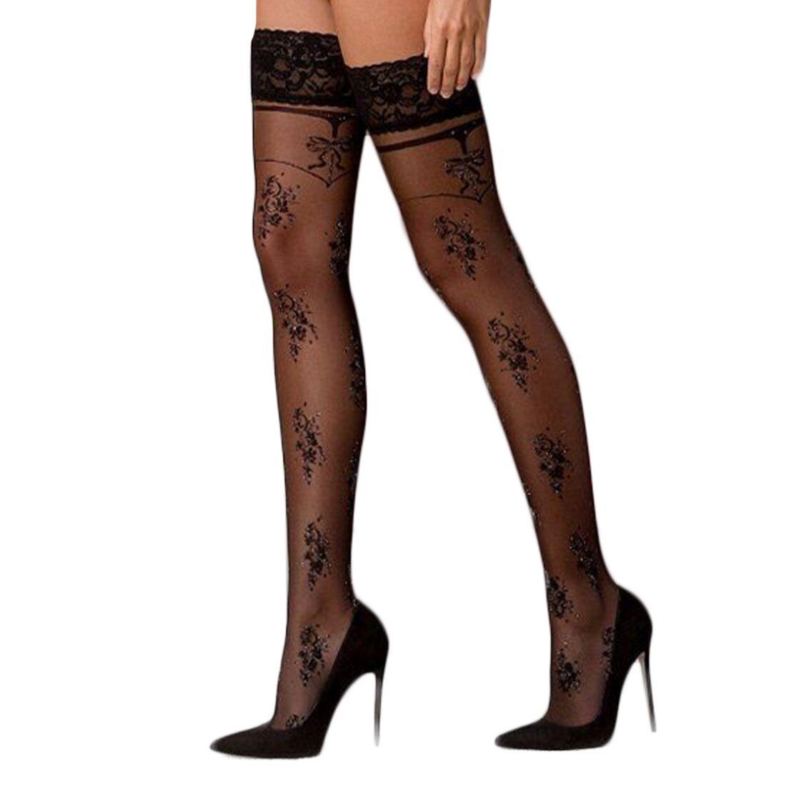 Панчохи Чорні на ажурній Силіконовій резинці з квітковим декором люрексова нитка Passion ST119 3/4 Talla, фото 1