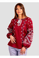 Женская вышиванка Фолк мода лен бордовый длинный рукав (5023) (170-84-92) XS