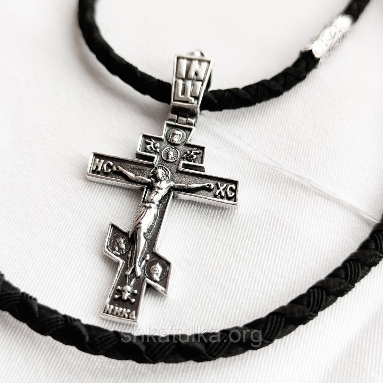 Комплект чоловічий срібний шнурок зі вставками Молитва і хрестик 925 проба Чорний 846/4 + Кр0177