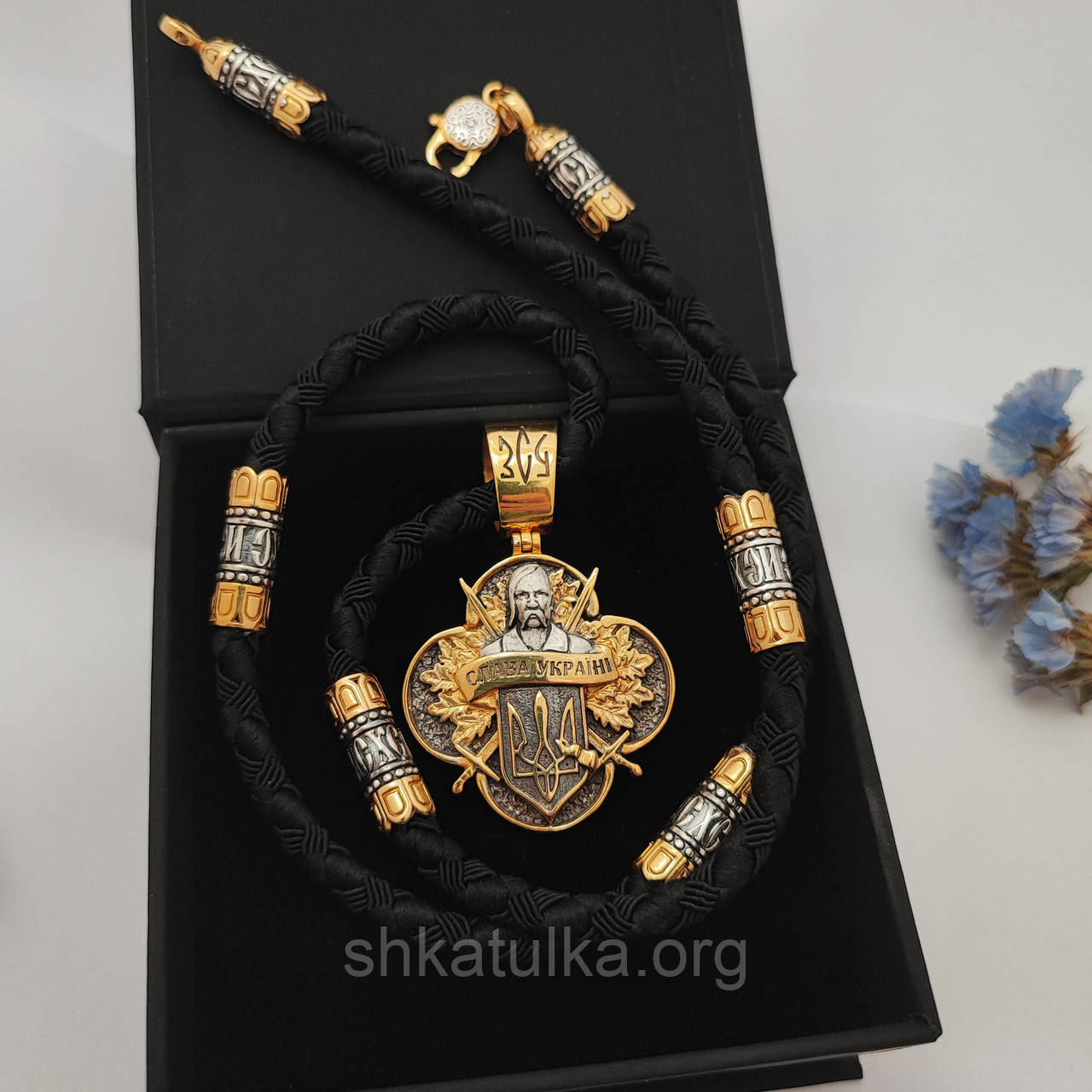 Комплект чоловічий срібний шнурок зі вставками та підвіска c Позолотою 925 проба Чорний 846/5з+П0201з