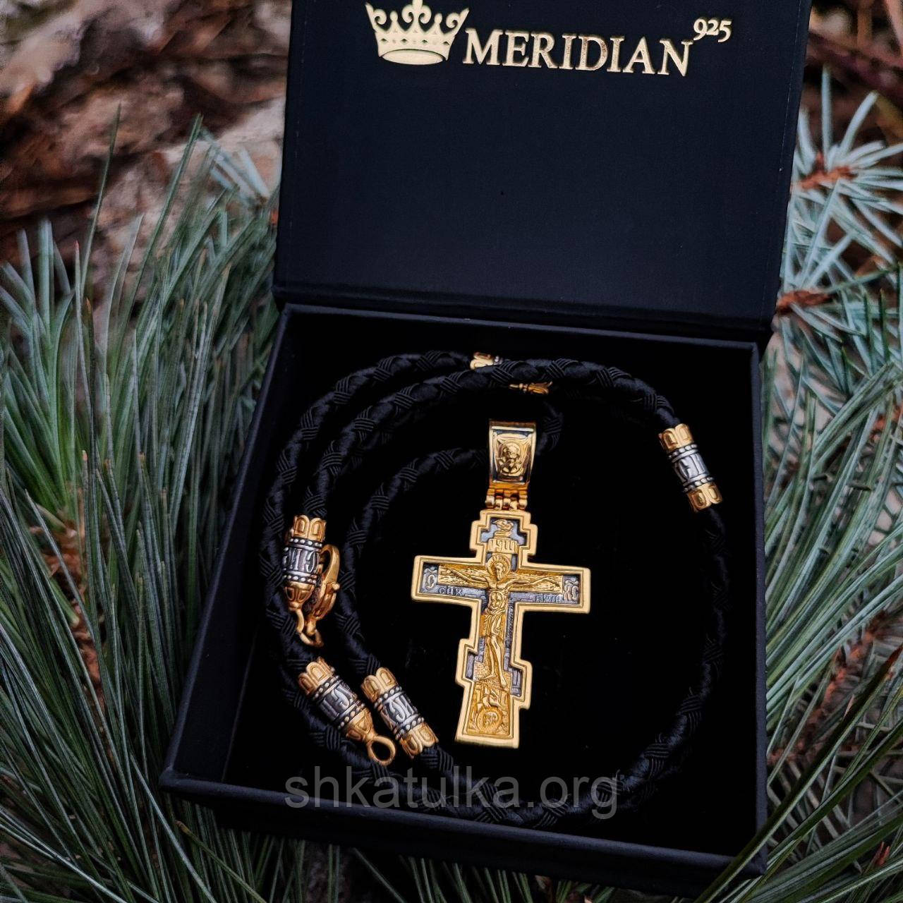Комплект чоловічий срібний шнурок зі вставками та хрестик з позолотою 925 проба 846/4з + крейд1805 60