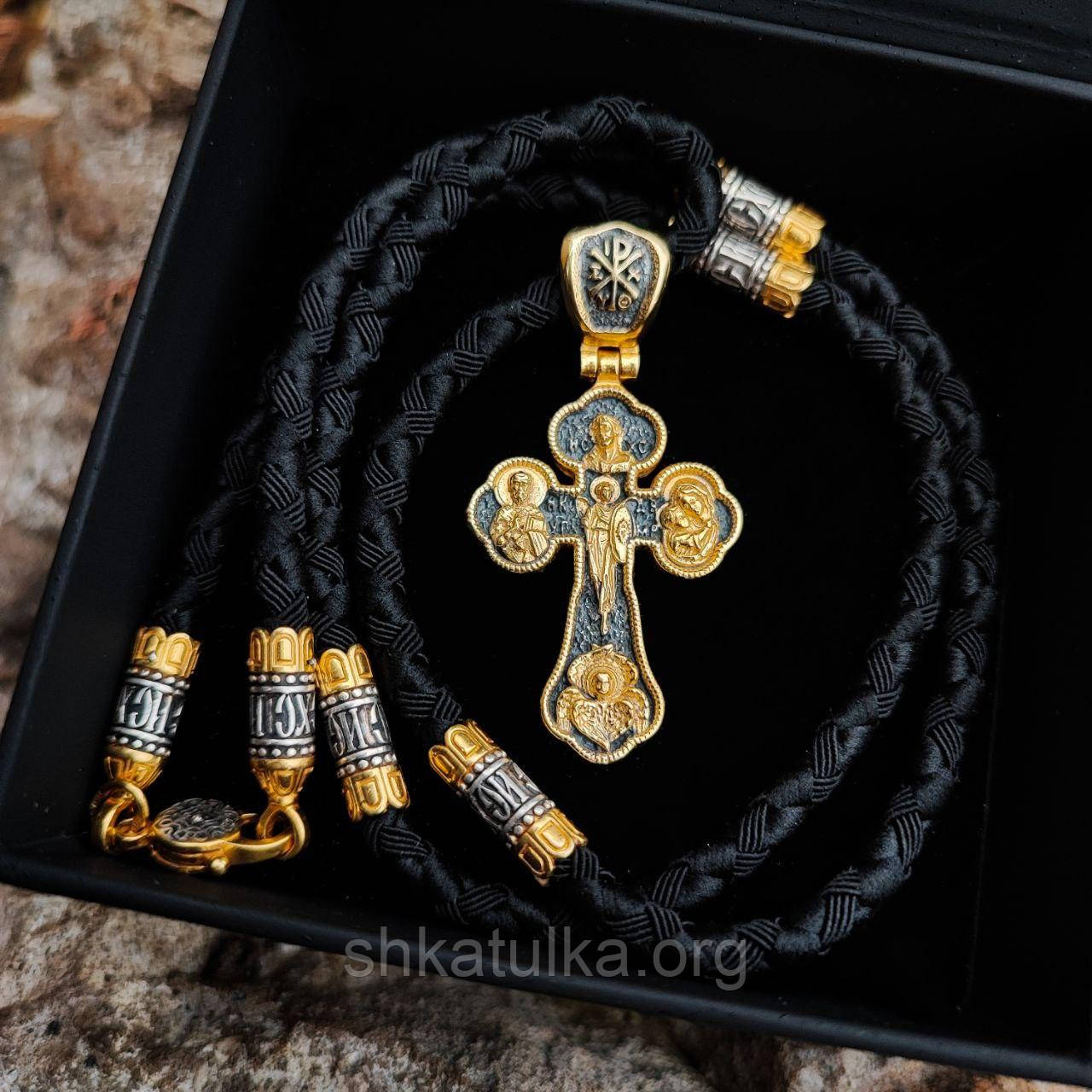 Комплект чоловічий срібний шнурок зі вставками та хрестик з позолотою 925 проба Чорний 846/4з+Кр0205з, фото 1