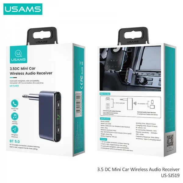 ФМ-модулятор USAMS US-SJ519 3.5 DC Mini Car Wireless Audio Receiver BT5.0, Mic, 6Hour