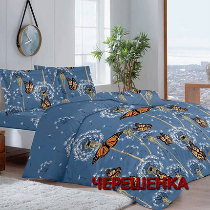 Тканина для постільної білизни Бязь "Gold" Lux GL3554blue (50м) метелики та кульбаби на синьому, фото 1