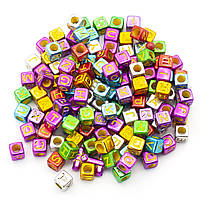 Пластиковые бусины Квадрат алфавит ABC, размер 6х6мм, Разных цветов металлик, в уп. +-25г (примерно 150шт)