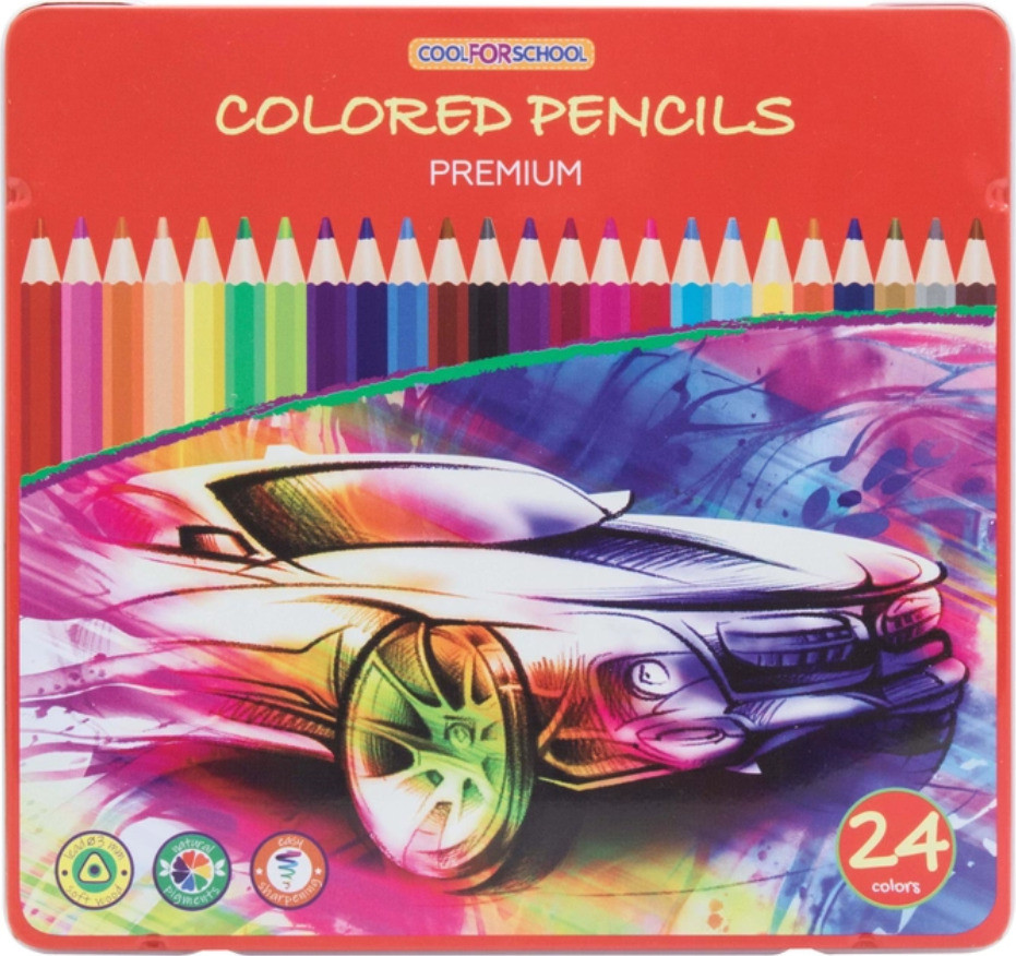 Кольорові олівці Cool for school Premium тригранні 24 кольори в метал коробці