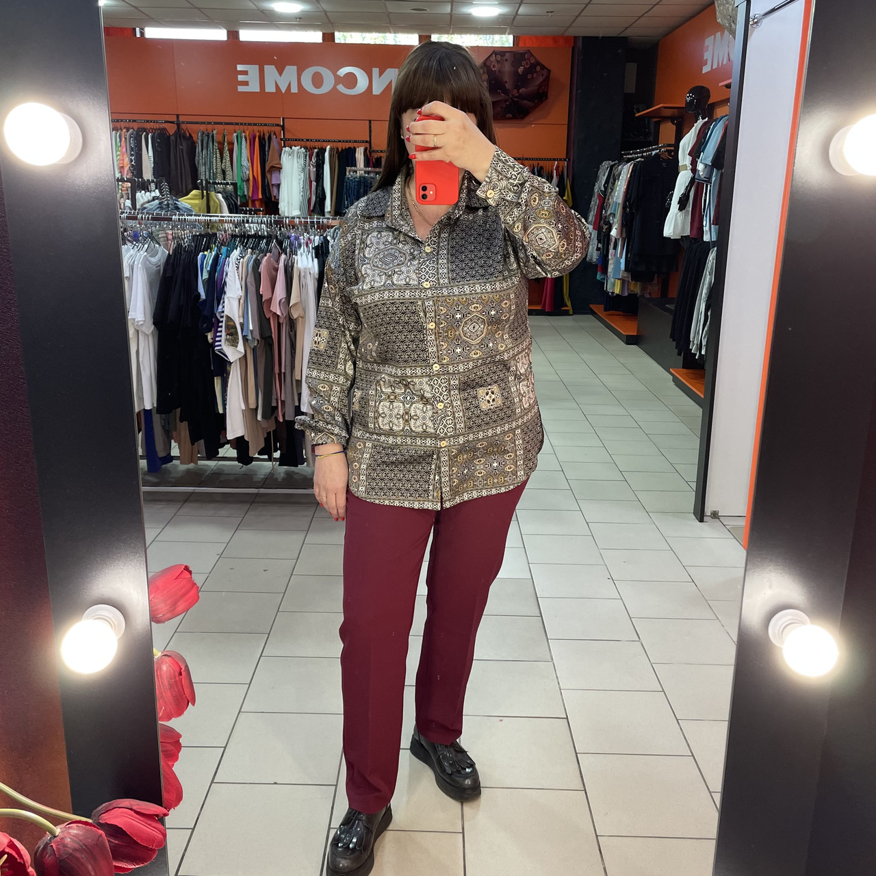 Блуза Alenka жіноча віскоза принт геометрія довгий рукав коричнева, фото 1