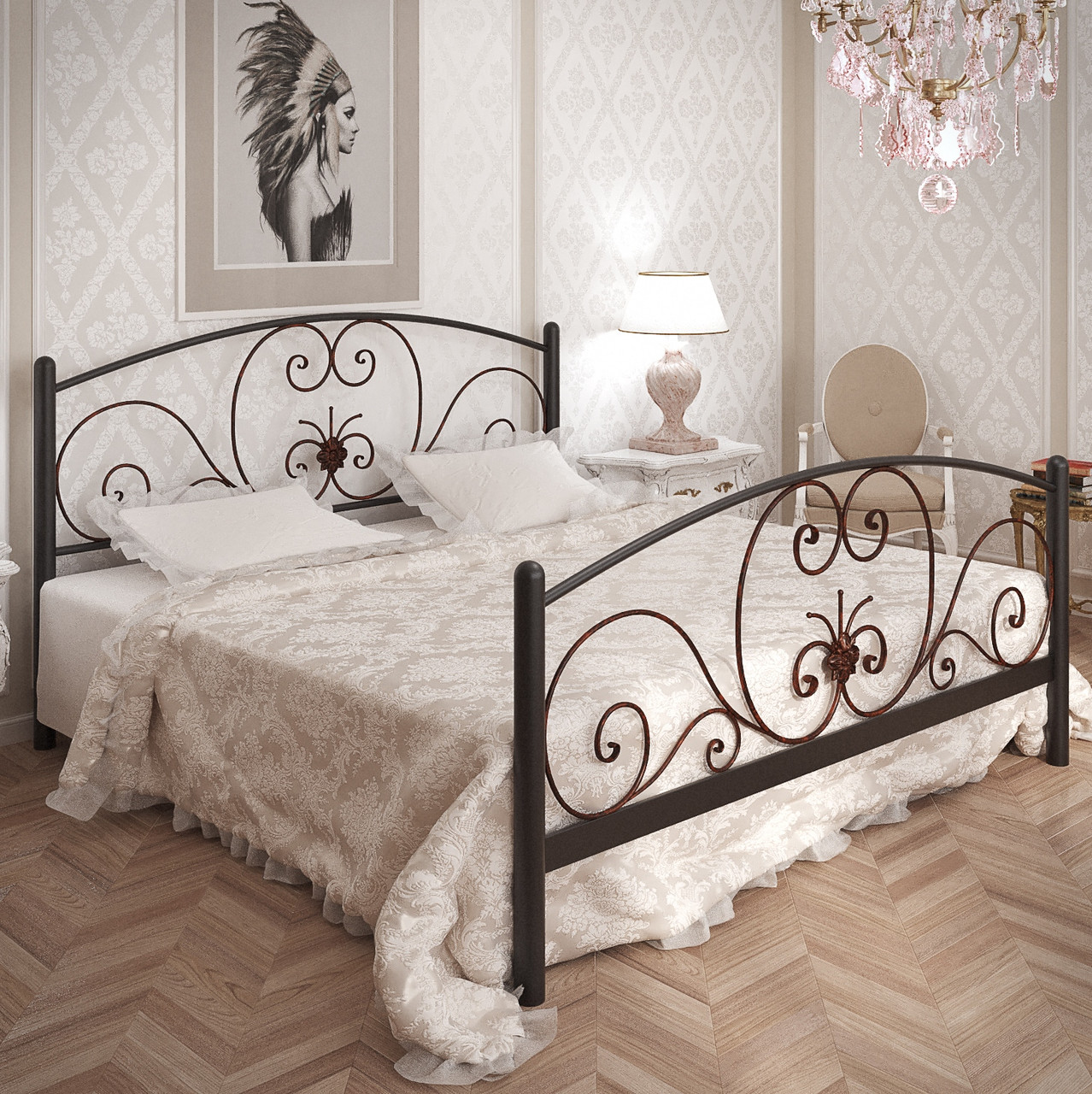 Металеве ліжко з гарним узголів'ям та узніжжям Німфея Тенеро, фото 1