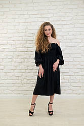 Легка сукня міді з відкритими плечима і довгим рукавом зі штапелю