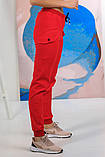 Штани жіночі джогери з накладними кишенями Червоні штани джогери на гумці зі шнурком VS 1233, фото 2