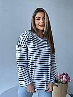 Женская хлопковая кофта оверсайз Тельняшка белая ONE SIZE S M L (42 44 46 48) трикотажный свитшот