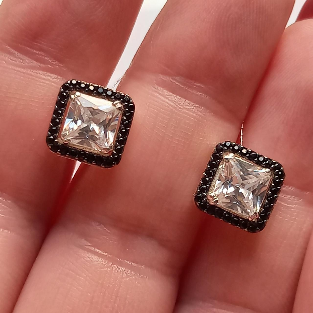 Срібні сережки трансформери Квадрат чорно-білі фіаніти