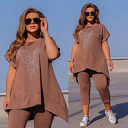 Жіночий літній прогулянковий костюм, асиметрична футболка-туніка і капрі, батал великі розміри