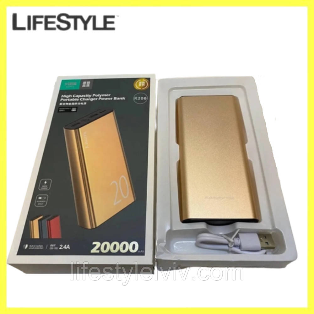 Повербанк з індикацією заряду 20000mAh, з Type-C та Micro-USB, K-206 / УМБ / Зарядний пристрій для телефону