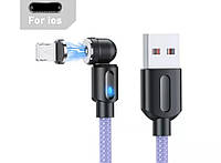 Магнитный кабель USLION 2 в 1 / Lightning (Iphone) - USB / 540 градусов / Круглый / 200 см. / Фиолетовый