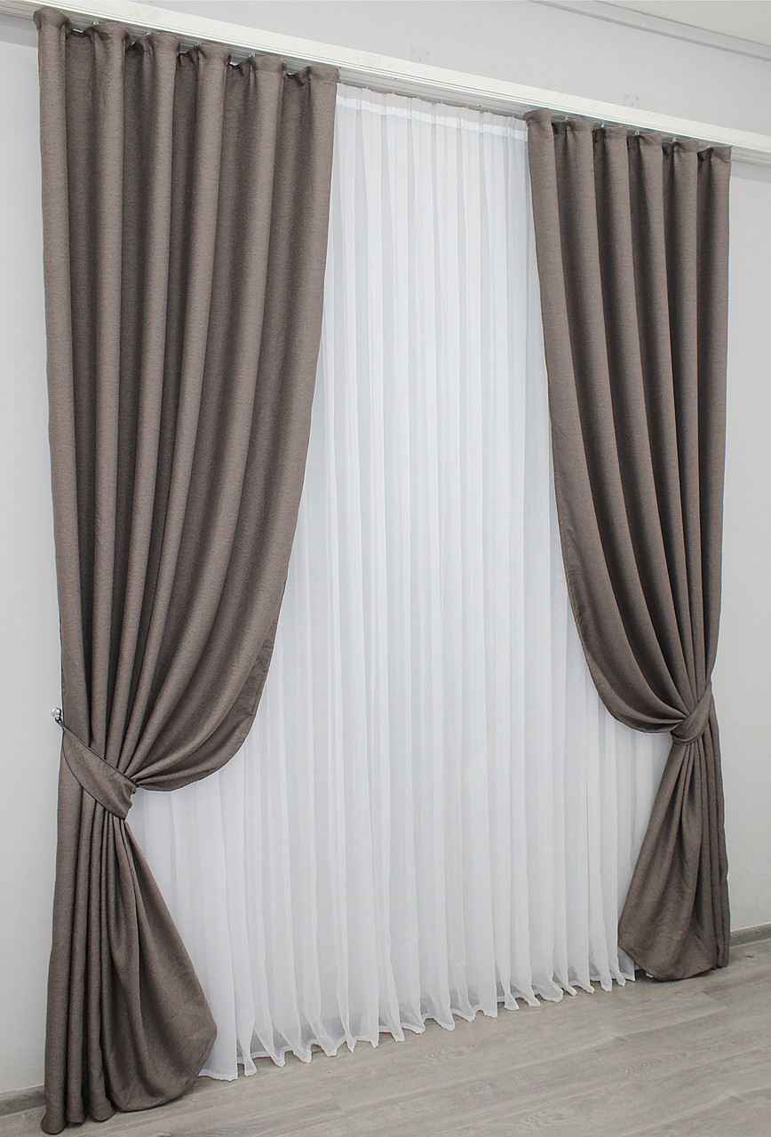 Шторная ткань, лен-блэкаут с фактурой "Лен мешковина". Высота 2,7м. Цвет серо-коричневый. Код 1160ш - фото 3 - id-p1837182138