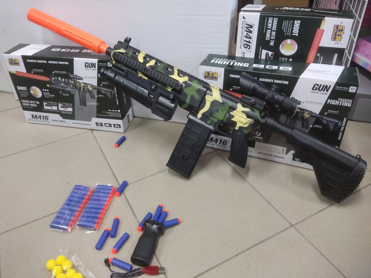 Автомат іграшковий m416 - 98см м'які кулі-присоски 30шт і кулі 10шт помпа оптичний приціл на акумуляторі