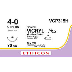 Вікрил Плюс (VICRYL Plus) Антибактеріальний 4-0, колюча голка 26 мм, 1/2 кола, довжина 70 см, фіолетовий, 1шт.