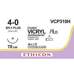 Вікрил Плюс (VICRYL Plus) Антибактеріальний 4-0, кол. плюс 22мм, 1/2 кола, фіолетовий, 70см, 1шт.