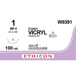 Вікрил (VICRYL) 1 колюча тупокінцева голка 63 мм, 3/8 кола, довжина 100 см, 1шт.