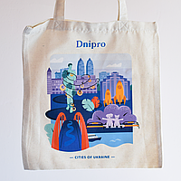 Екосумка, торба, шопер бежевий з ексклюзивним патріотичним авторським принтом - місто Дніпро, бренд “Малюнки”