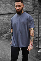 Мужская темно-серая футболка оверсайз стильная на двунитке ,Однотонная летняя графитовая футболка мужская