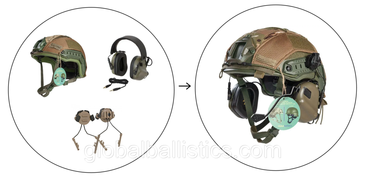 Тактический Шлем Каска FAST олива в кавере с наушниками Earmor M32 + крепление к шлему Кевларовый - фото 1 - id-p1837274485