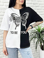 Двоколірна жіноча модна футболка з принтом метелик чорно-біла "Butterfly"
