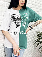 Двухцветная женская стильная футболка с принтом бабочка "Butterfly"