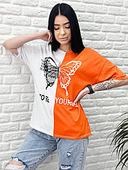 Двоколірна жіноча молодіжна футболка оверсайз з принтом метелик "Butterfly" помаранчевий