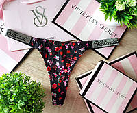 Женские стринги Victoria's Secret, стринги женские Виктория Сикрет Rhinestone со стразами, новинка 2023 года Черный с красными цветочками, M