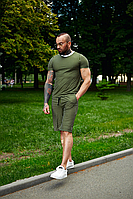 Мужской летний комплект Полоска футболка и шорты S хаки (Q0003)