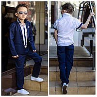 Стильный классический льняной костюм для мальчика с рубашкой 6 7 8 9 10 11 лет синий серый