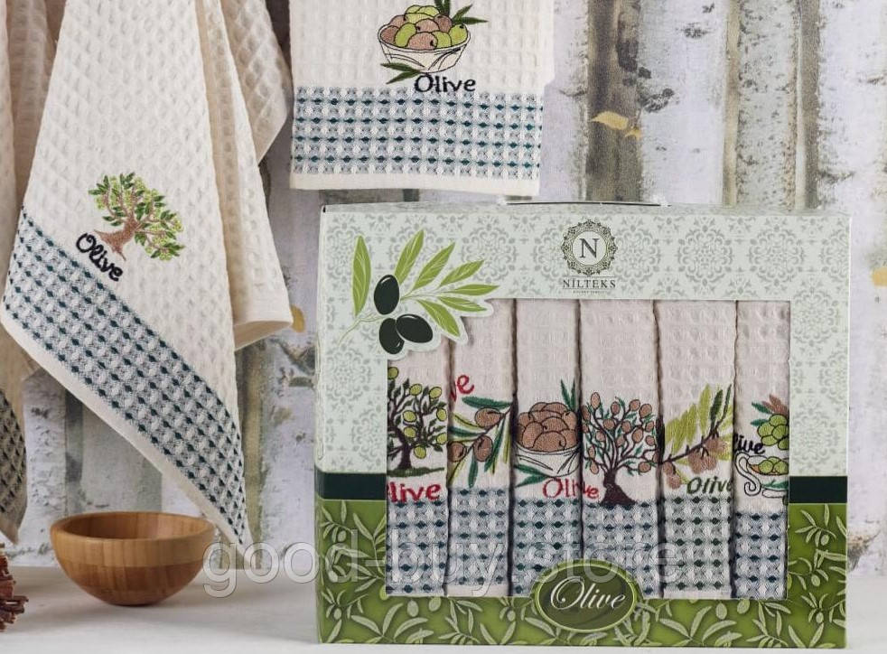 Nilteks Kitchen towel Olive набір кухонних вафельних нолотенец з вишивкою 6шт 50х70