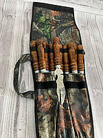 Комплект шампурів 7ш + 2 подвійні з лакованою дерев"яною ручкою 63см/3мм + ніж-вилка в чохлі