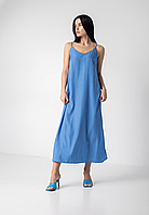Длинное летнее платье -сарафан на бретелька в бельевом стиле, ярко-голубое 44, 46, 48