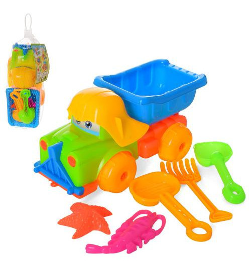 Набір для пісочниці самоскид 19 см, граблі, лопатка, сито, фігурка, у сітці, 19-10-9 см
