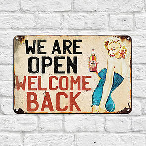 Декоративна металева табличка для бару We Are Open Welcome Back RESTEQ 20*30см. Металева вивіска для декору Мерлін Монро, фото 2