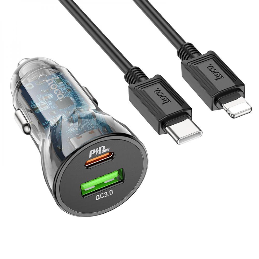 Автозарядний пристрій Hoco Z47A Transparent PD30W+QC3.0 Type-C to Lightning