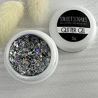 Глиттерный гель (с блестками) серебро галограмный для ногтей Sweet Nails Stars №21 5 грамм