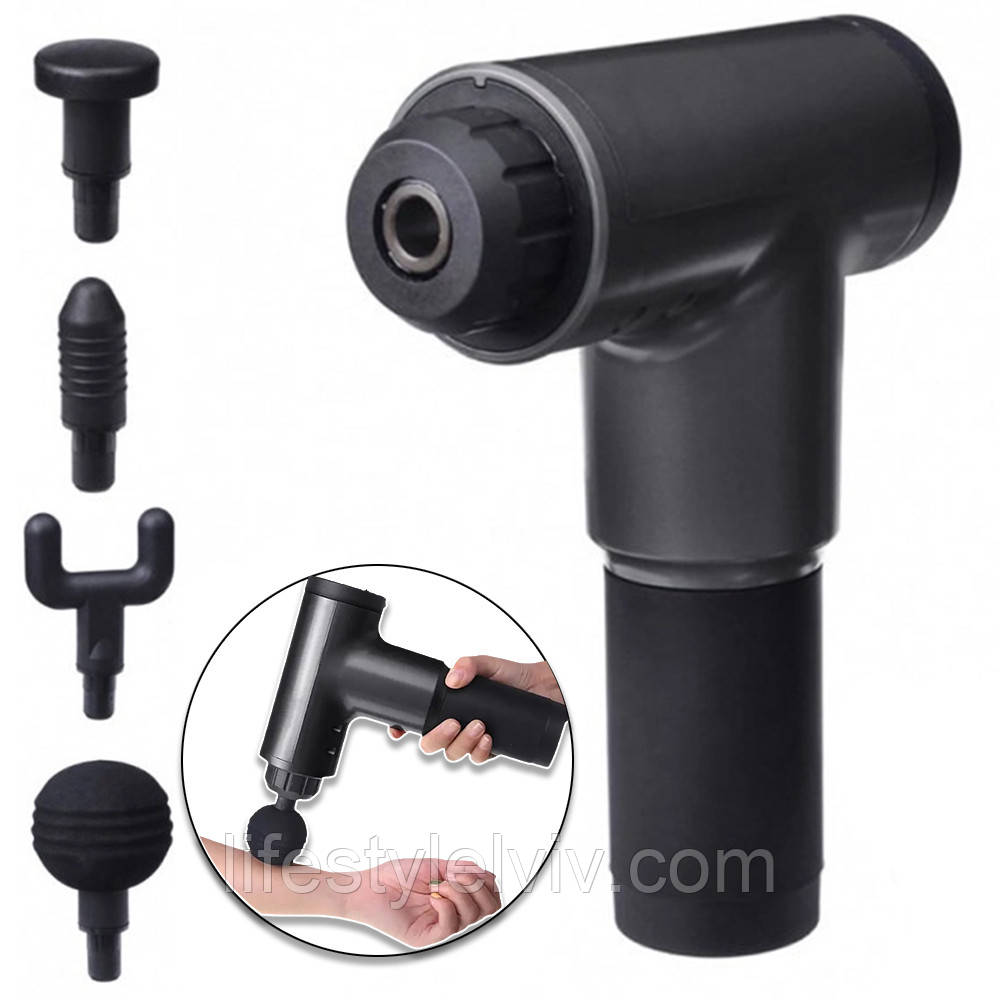 Портативний ручний масажер для тіла Fascial Gun KH-320 / Чорний / М'язовий ударний масажер, фото 1